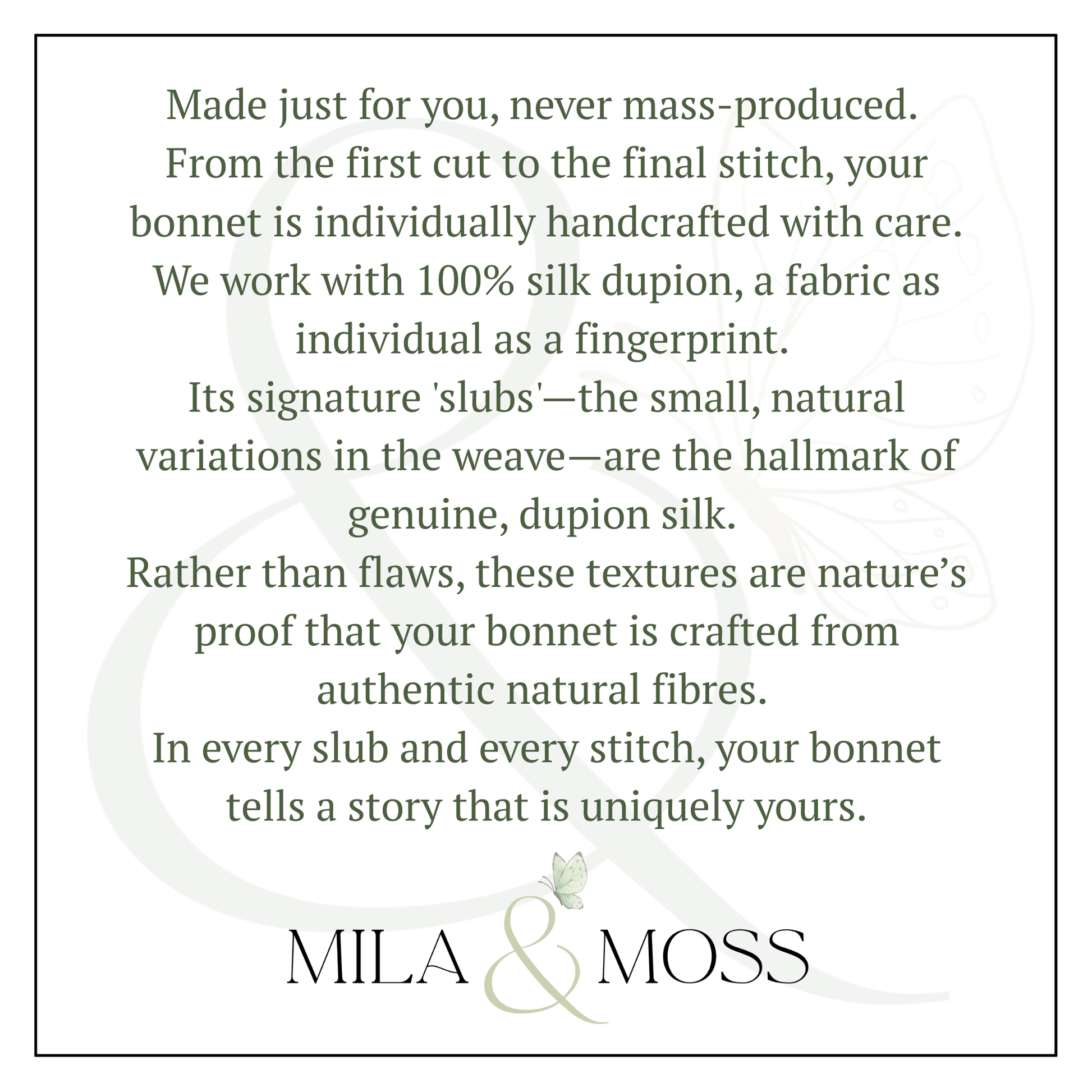 Text describing the craftsmanship and uniqueness of a bonnet made by Mila & Moss, with a white background.