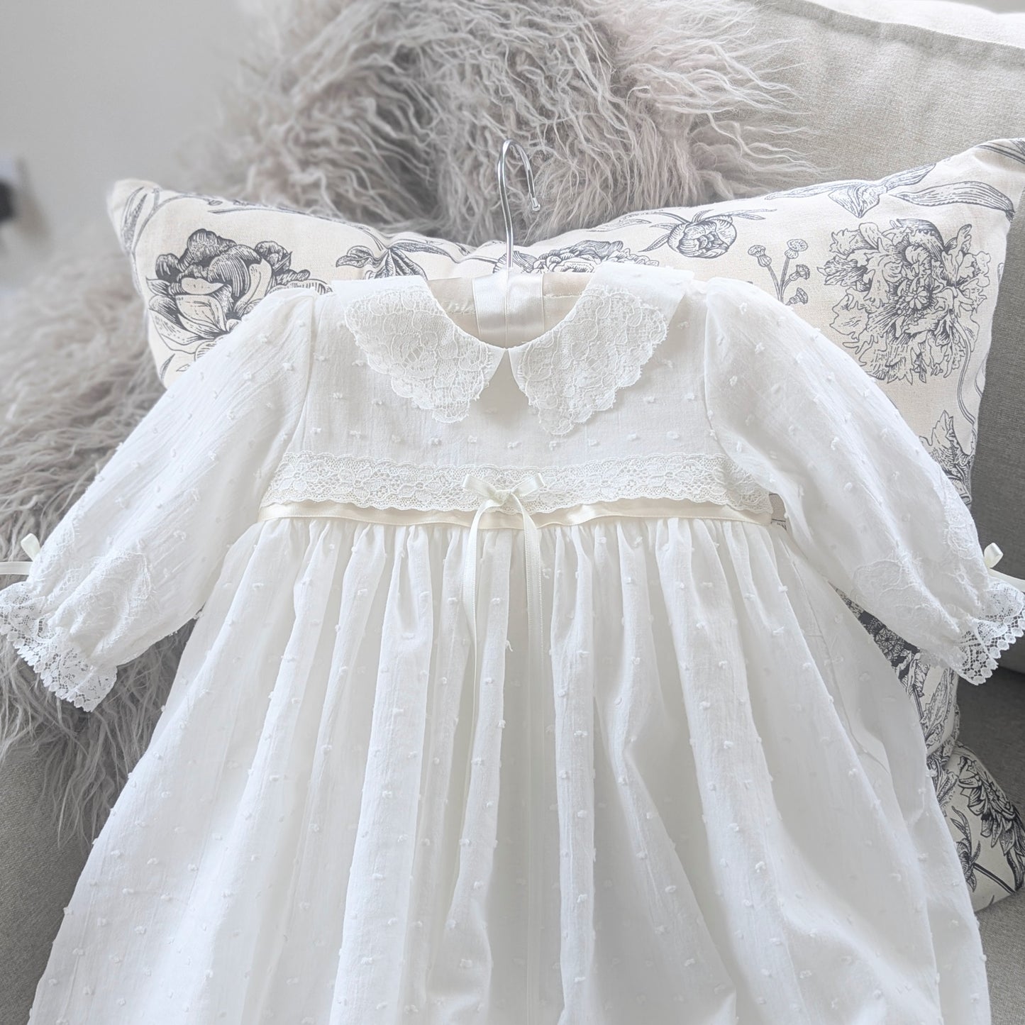 bodice detail of the Isabella christening gown with collar and lace trim