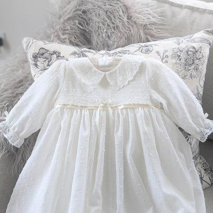 bodice detail of the Isabella christening gown with collar and lace trim
