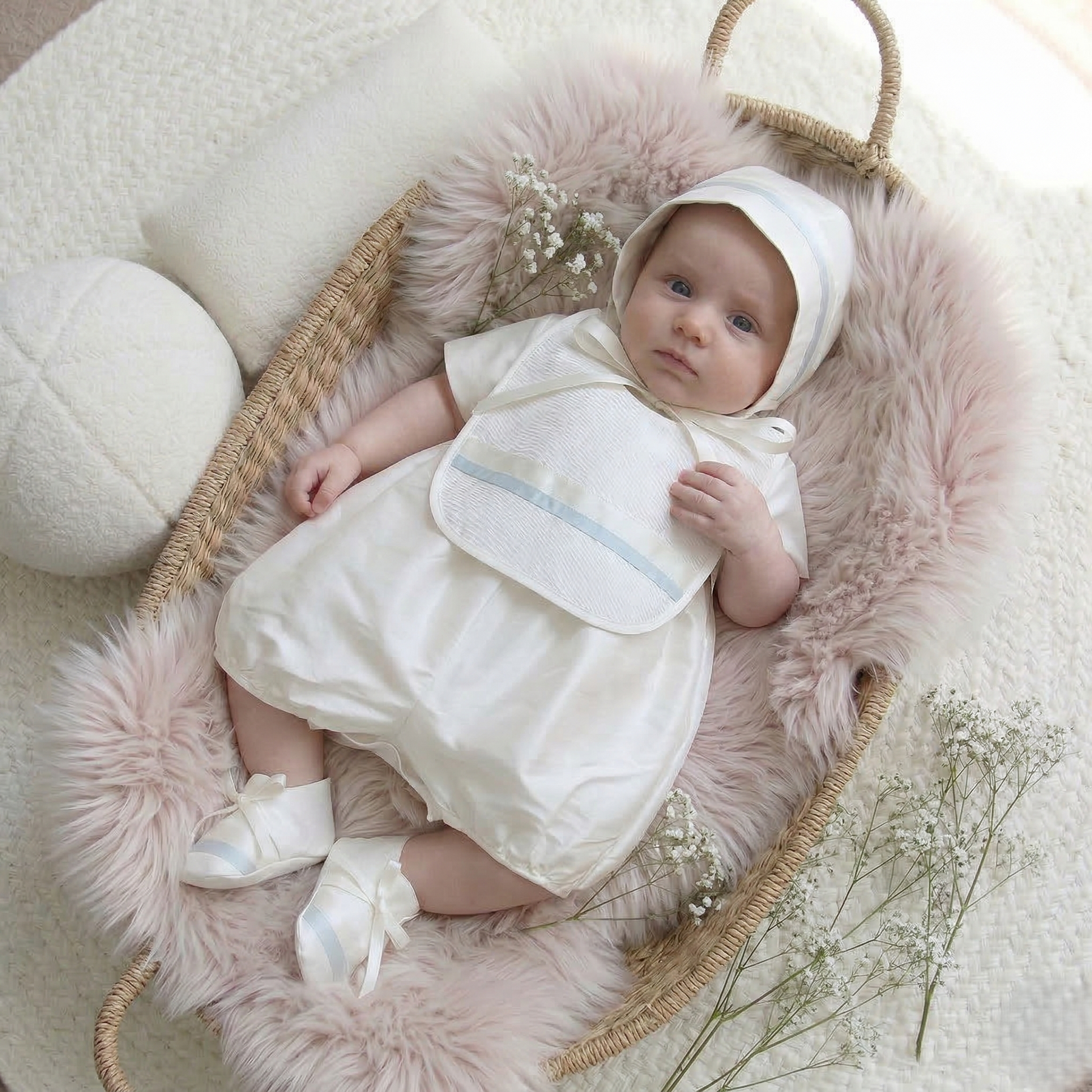 Jackson christening romper, bonnet, bib and booties on a baby boy, lying down on a sheepkin rug