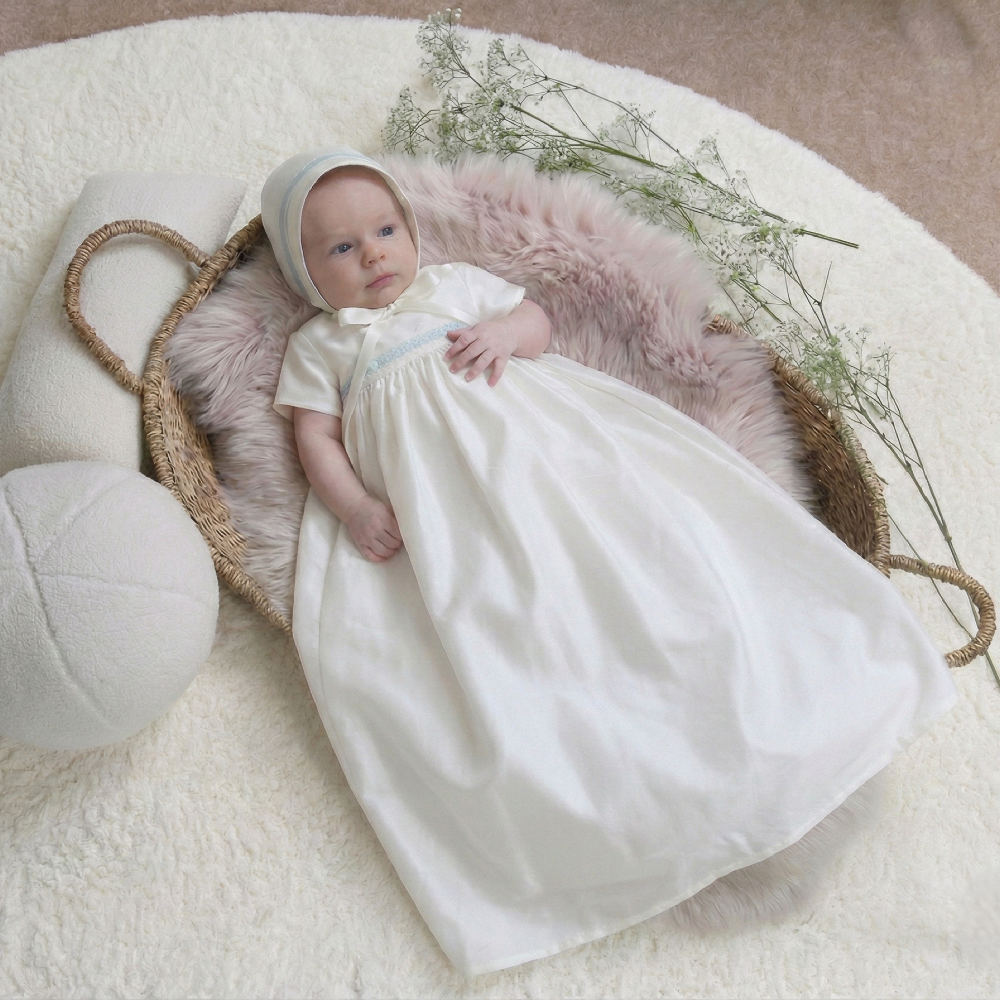 James long christening gown with short sleeves on a baby. Baby is also wearing the matching James bonnet