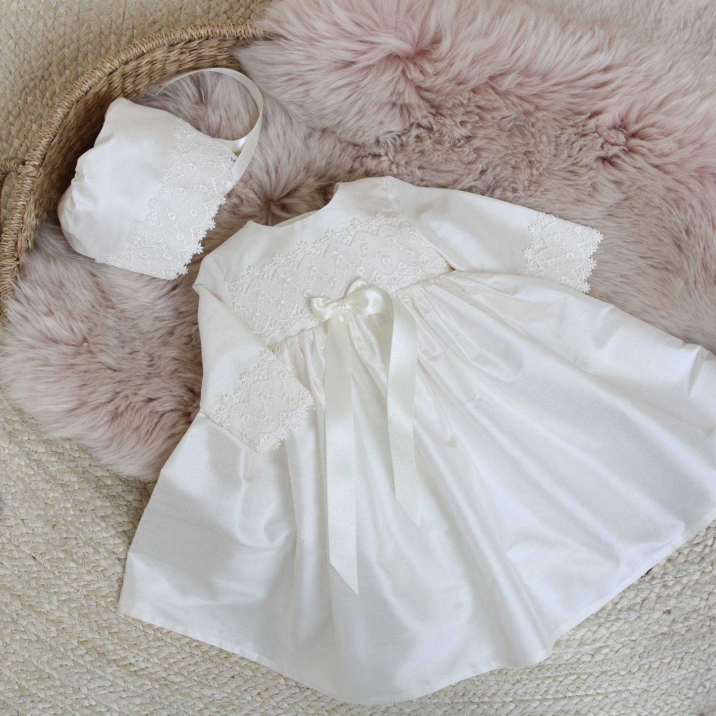 Lara dress and bonnet with long sleeves, shown with the matching Lucy bonnet