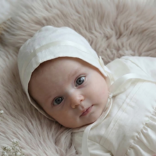 Baby in a white outfit and bonnet lying on a fluffy pink surface