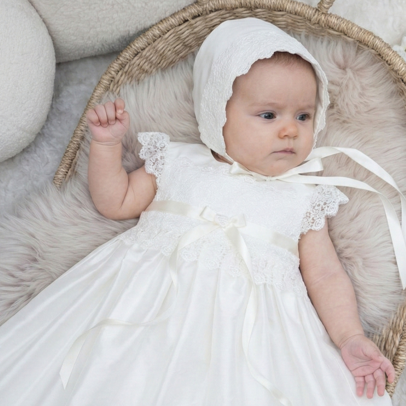 Baby girl wearing the traditional ivory silk Rachel Christening Gown with matching Venice lace bonnet