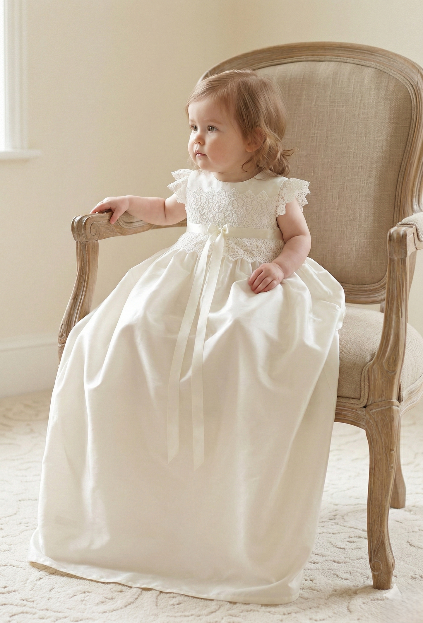 Baby girl sitting upright on a chair wearing the traditional ivory silk Rachel Christening Gown 