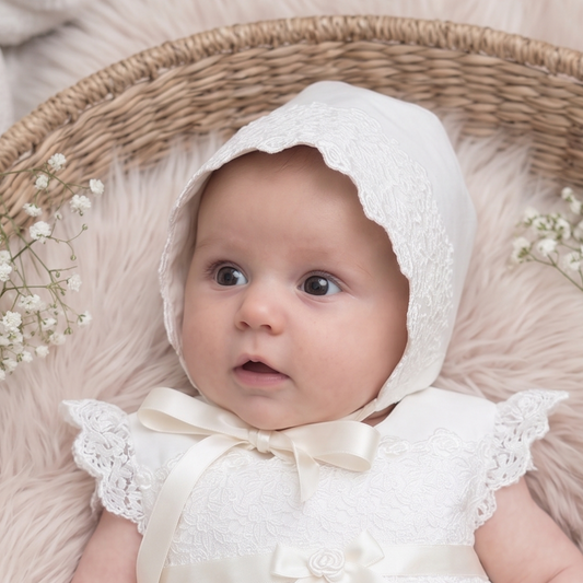 A baby wearing the ivory lace Rachel bonnet and matching ivory lace dress with cream satin bows, posed inside a woven basket on a soft cream faux-fur surface with small white flowers.