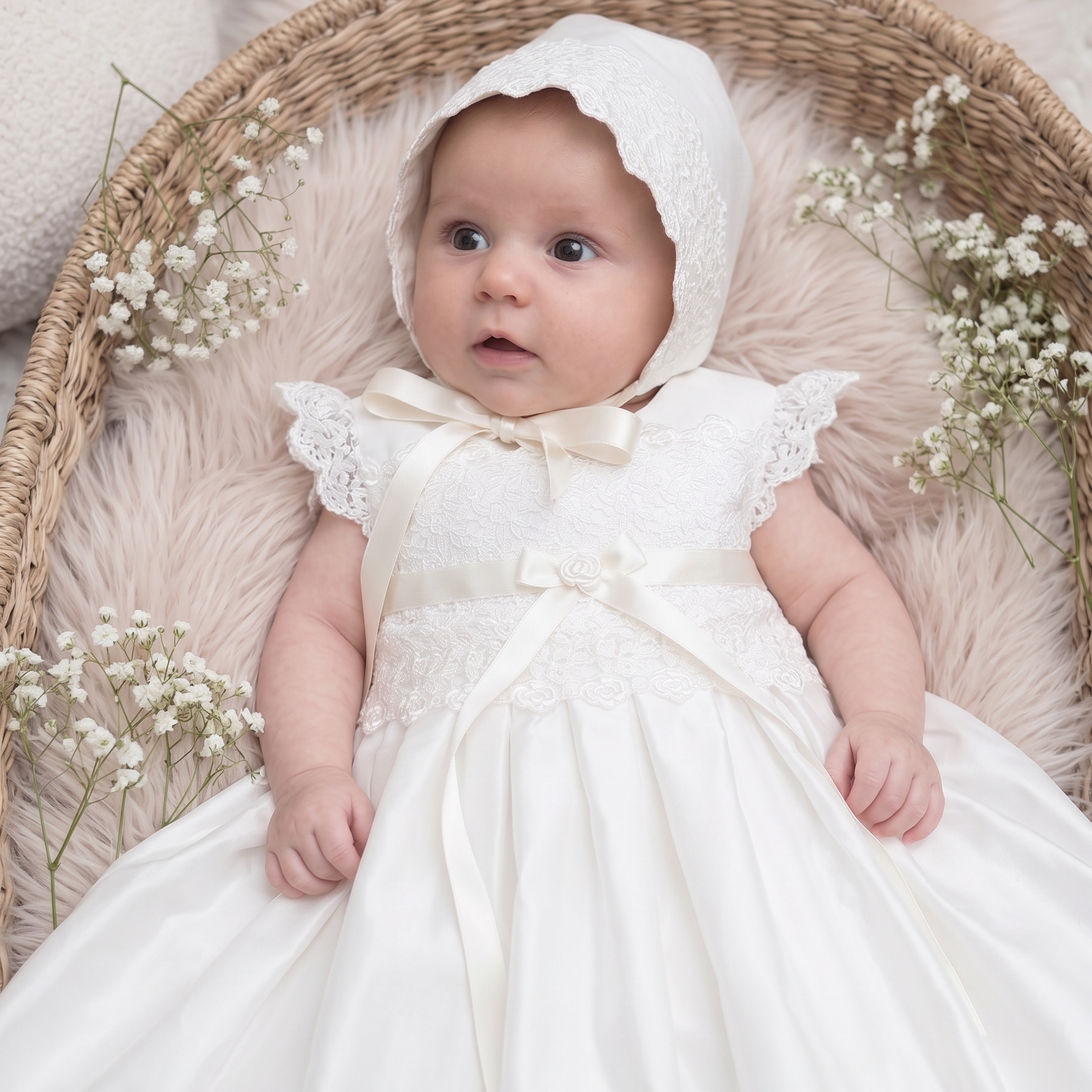 Close up of Baby wearing the traditional ivory silk Rachel Christening Gown with matching Venice lace bonnet