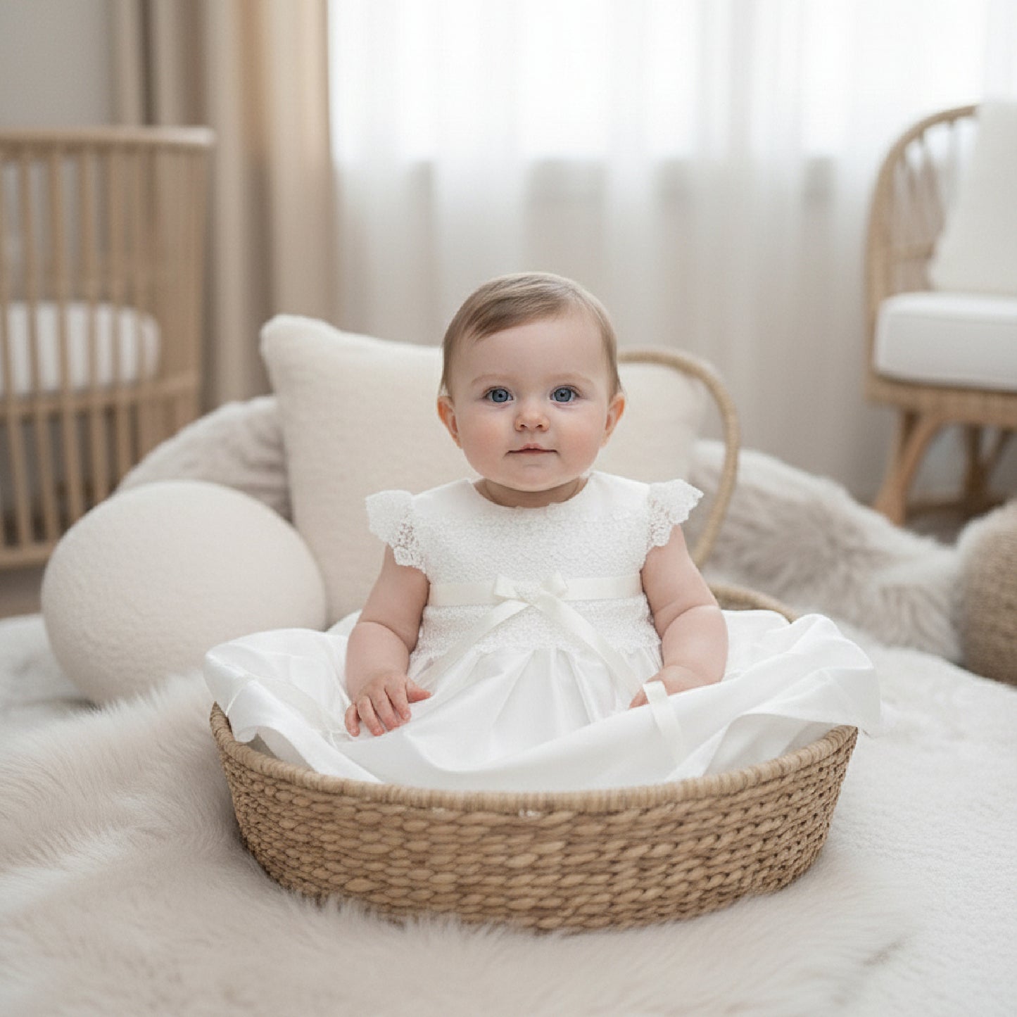 A baby sitting up in a woven basket wearing the ivory Rachel silk christening dress