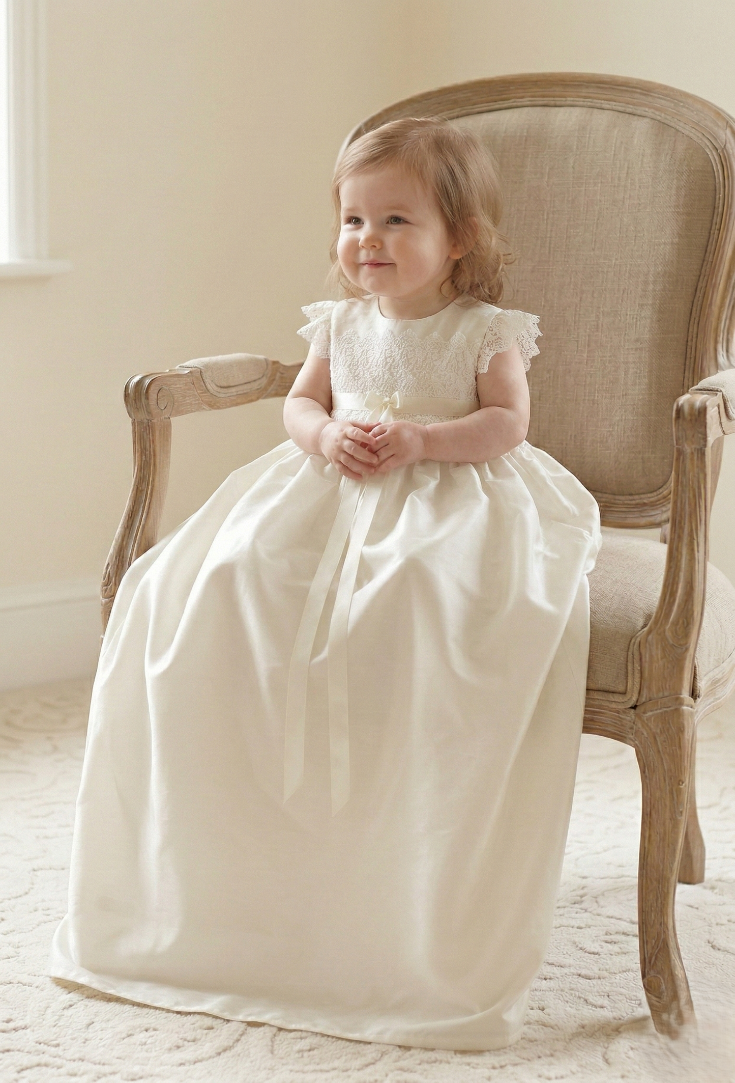 Baby girl wearing the traditional ivory silk Rachel Christening Gown sitting on a chair smiling