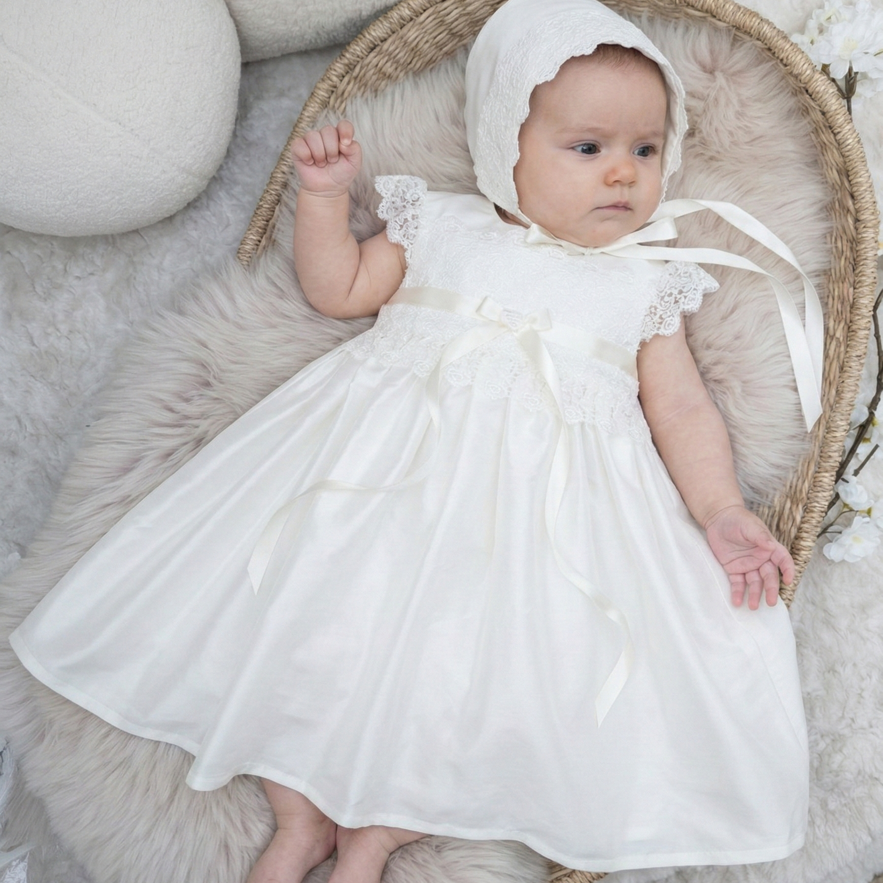 The Rachel silk christening dress in ivory, featuring intricate detailing, shown with the matching silk baptism bonnet available as an optional extra
