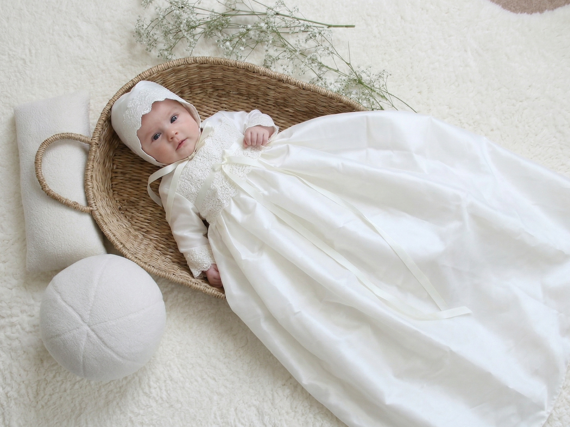 baby wearing the Rebekah long sleeved ivory christening gown and matching bonnet. lying on a wicker basket with cushions scattered around.