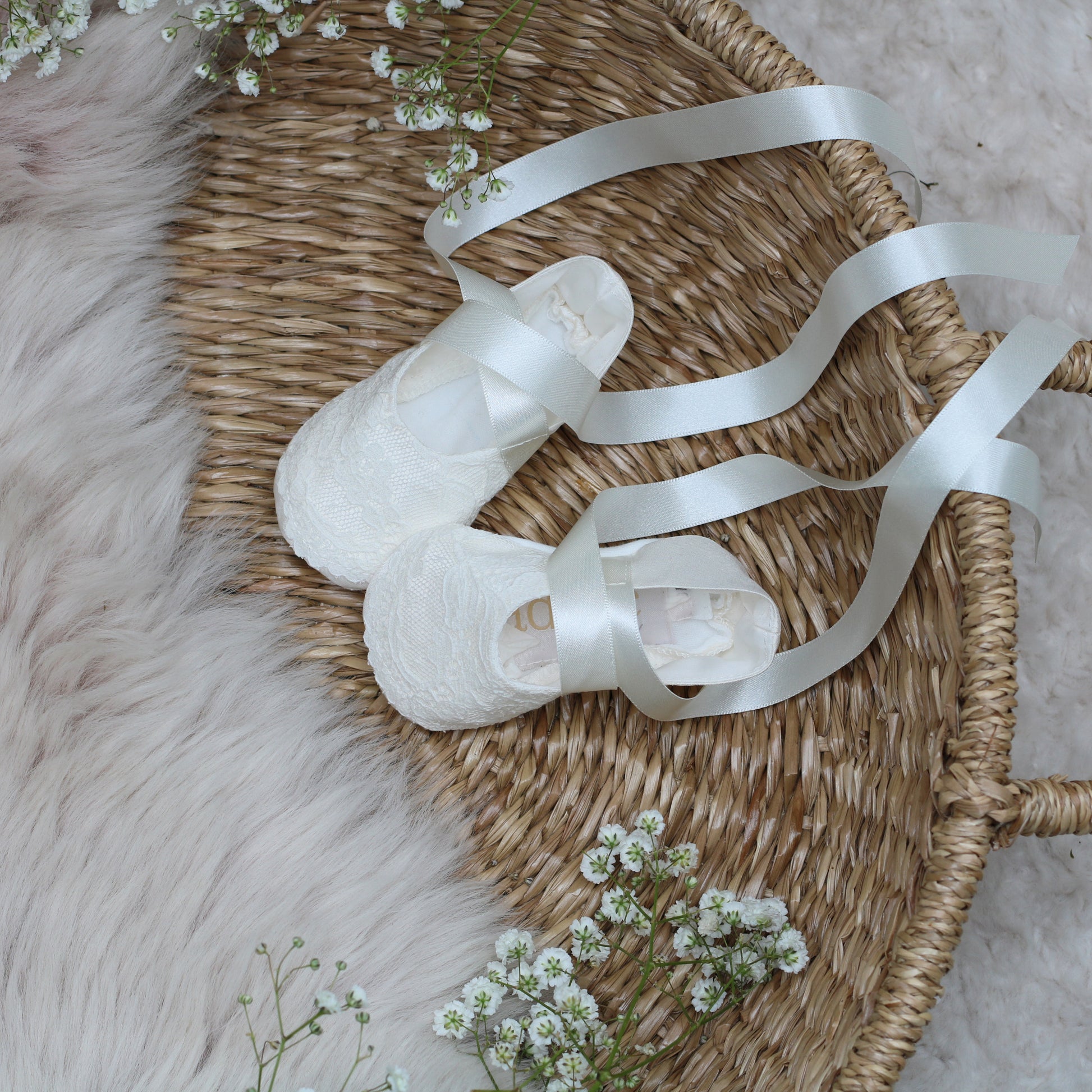 Scarlett christening booties with long ivory satin ribbons