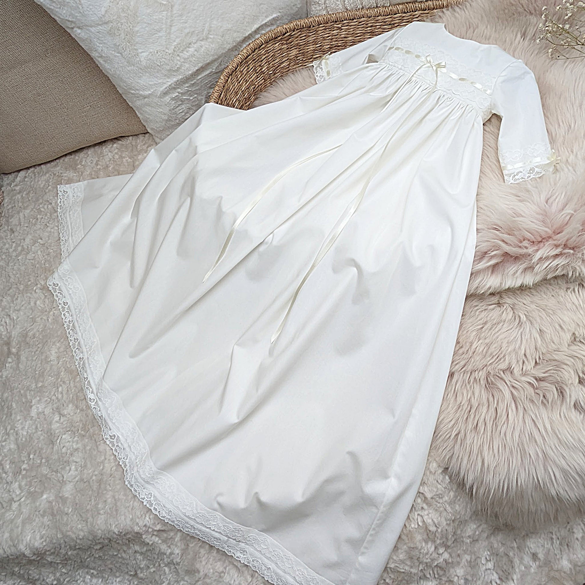 full length detailed image of the Vivienne traditional cotton christening gown