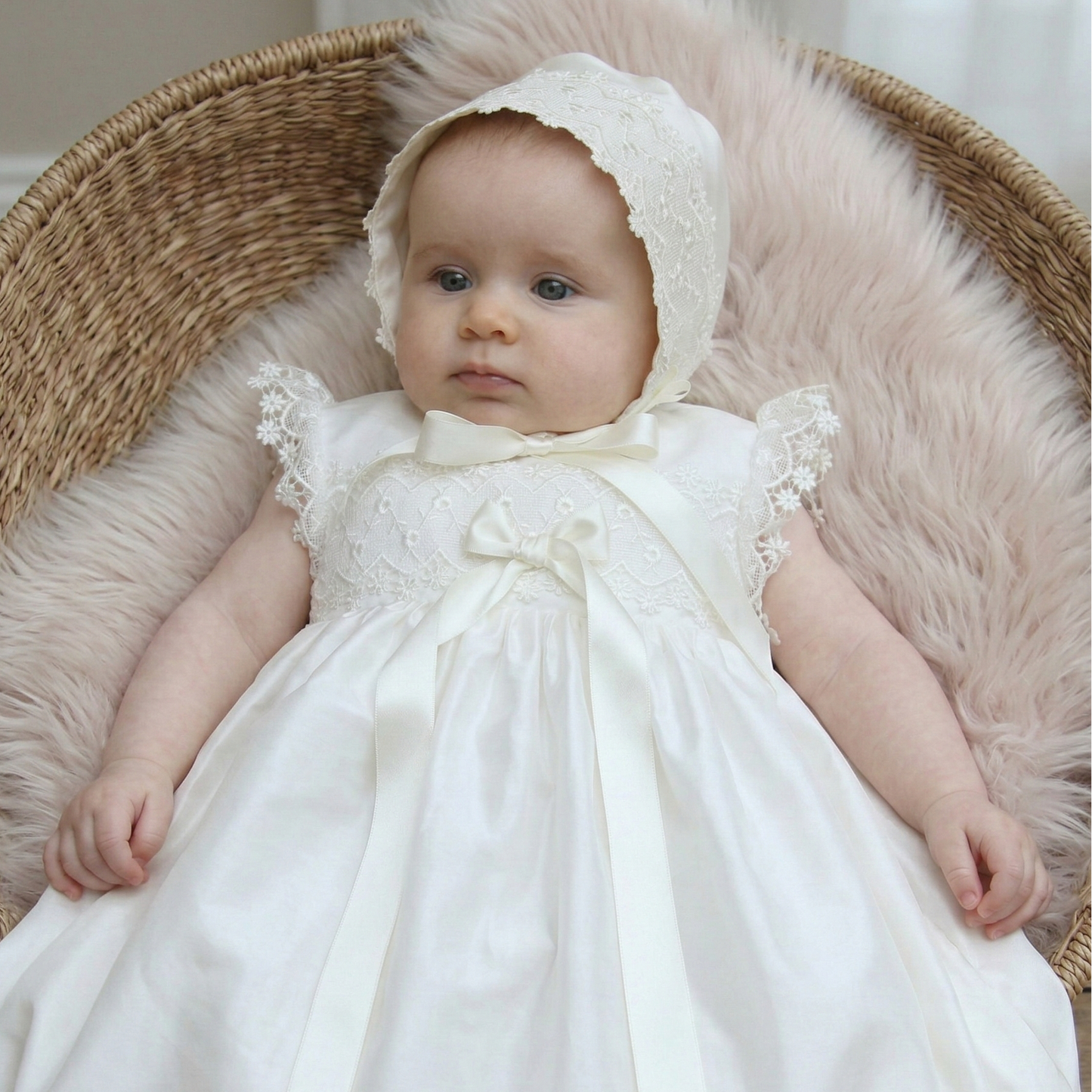 Baby in a Lucy ivory dress and bonnet sitting in a wicker basket with a fluffy pink cushion.