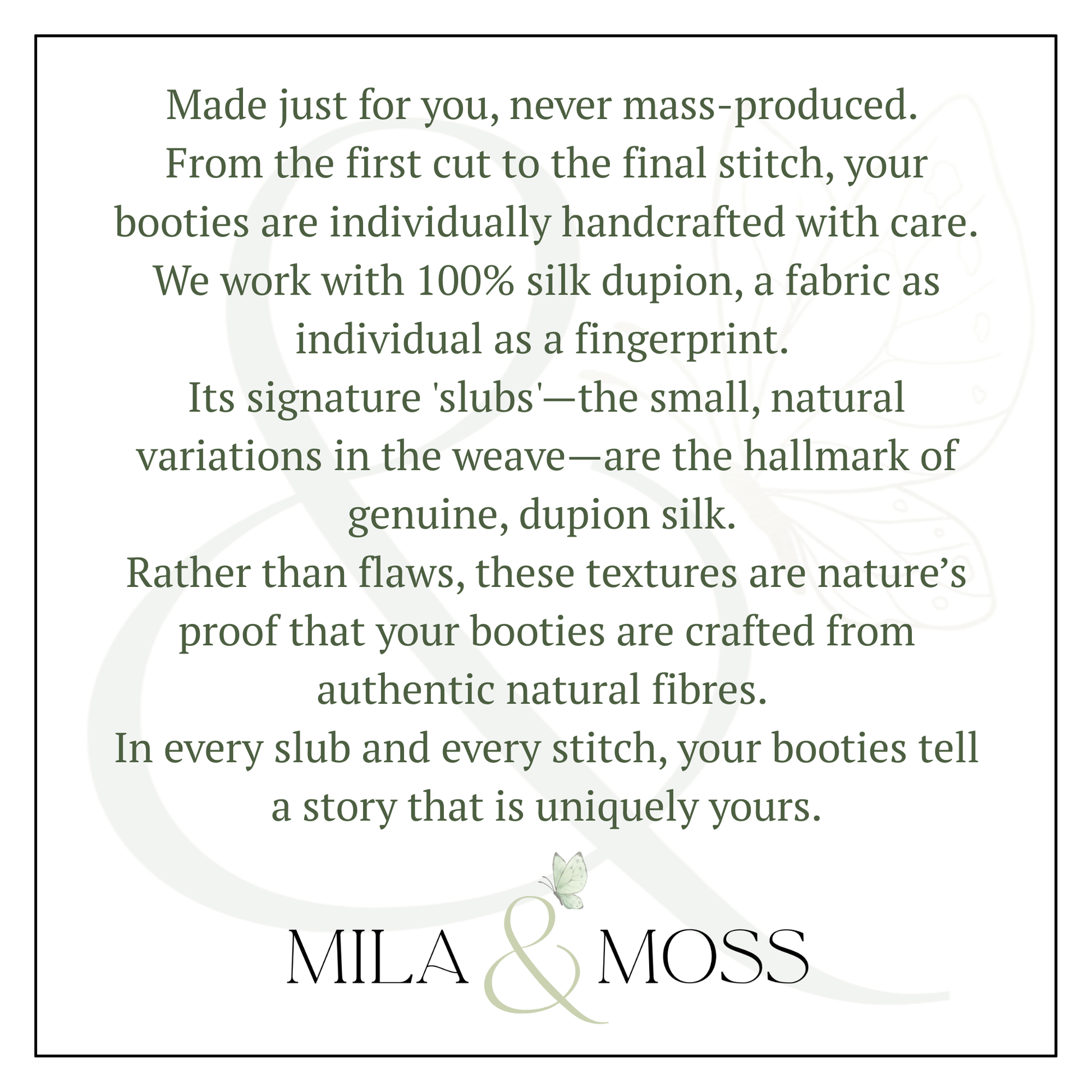 Text describing the craftsmanship and quality of booties made by Mila & Moss, with a white background.