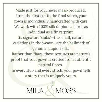 Text describing the craftsmanship and uniqueness of a gown made by Mila & Moss, with a white background and subtle floral design.