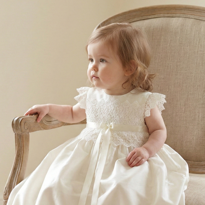 Detailed view of the intricate Venice lace bodice on the silk Rachel baby baptism gown.