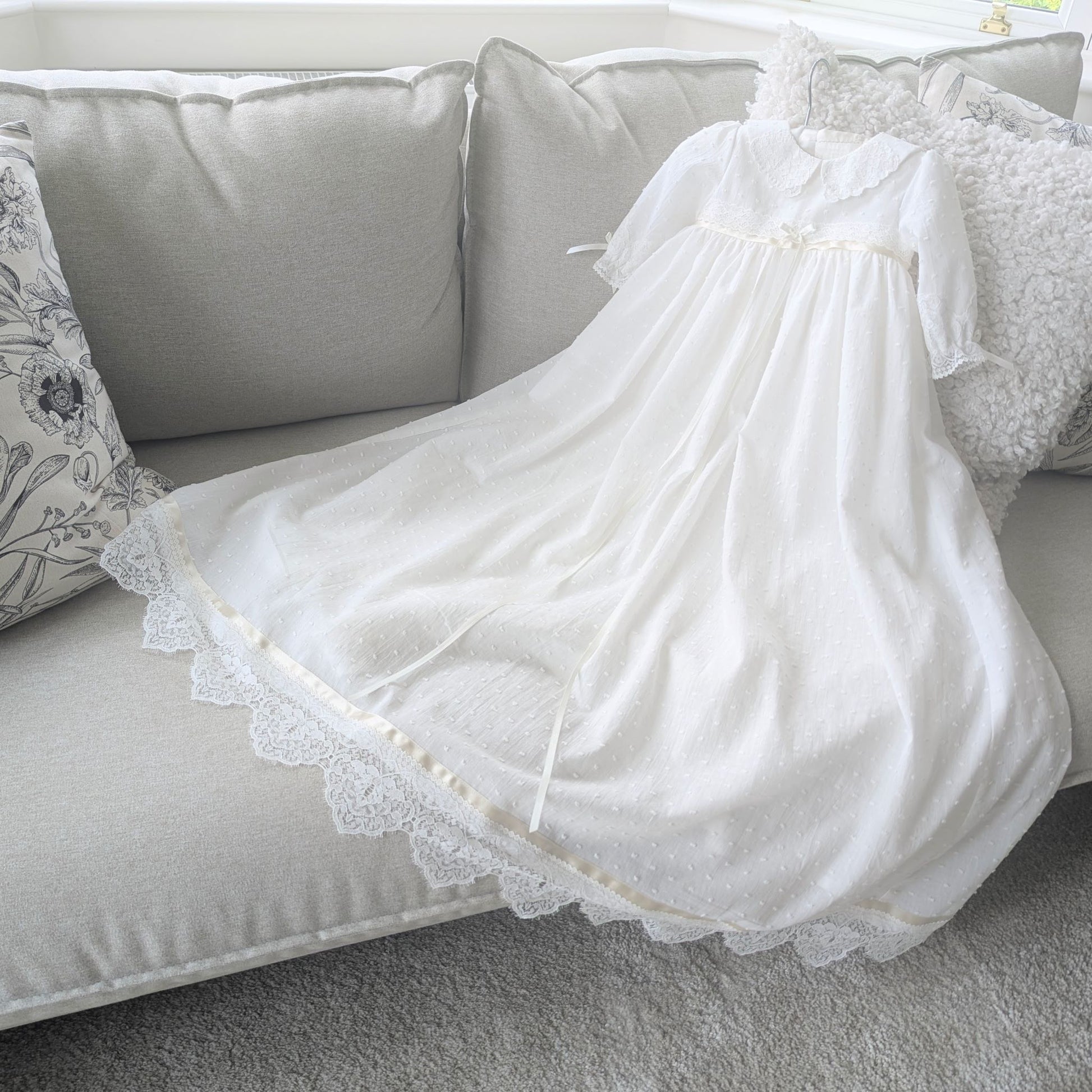 Handmade Isabella long christening gown, showcasing the sophisticated silhouette and timeless heirloom design