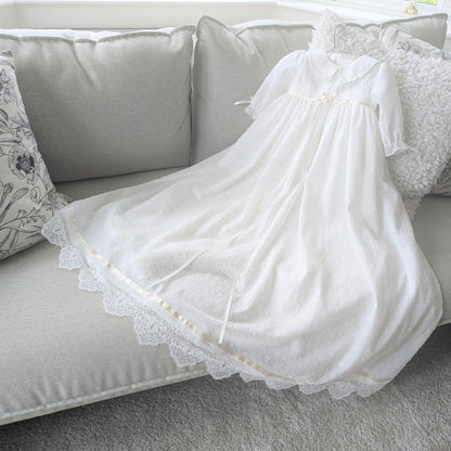 Handmade Isabella long christening gown, showcasing the sophisticated silhouette and timeless heirloom design